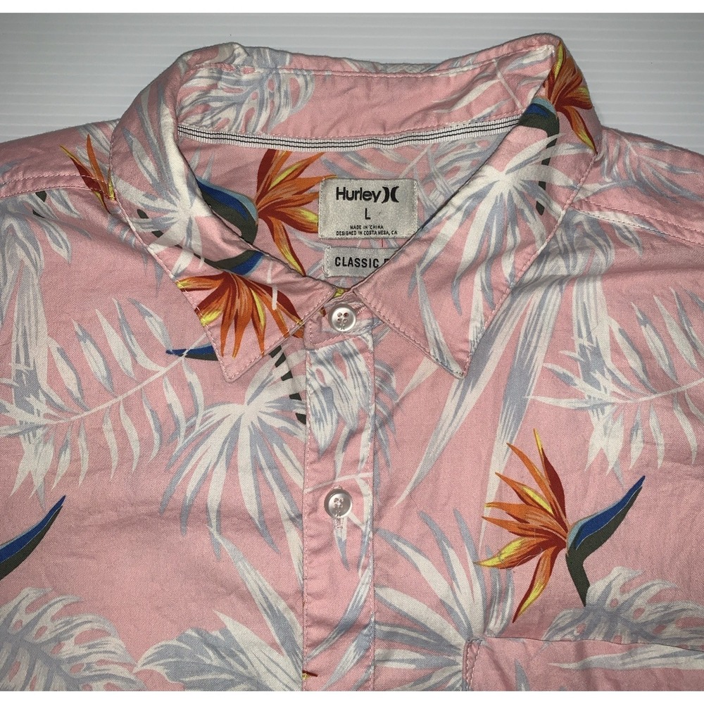 Hurley Short Sleeve Button Up Classic Fit Shirt L Pink Floral Hawaiian Tropical‎ - Picture 2 of 11